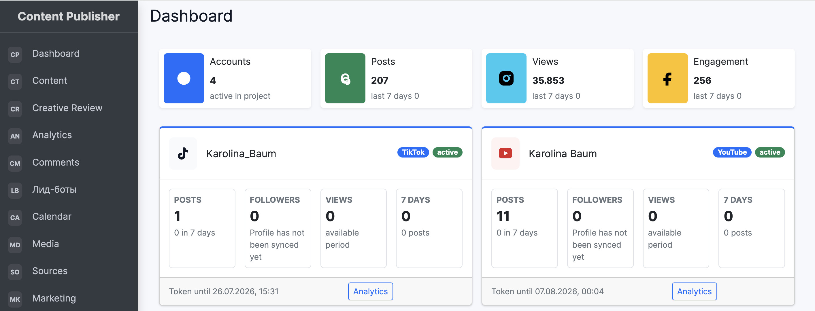 Content Publisher: Dashboard mit Kontenübersicht und Kennzahlen